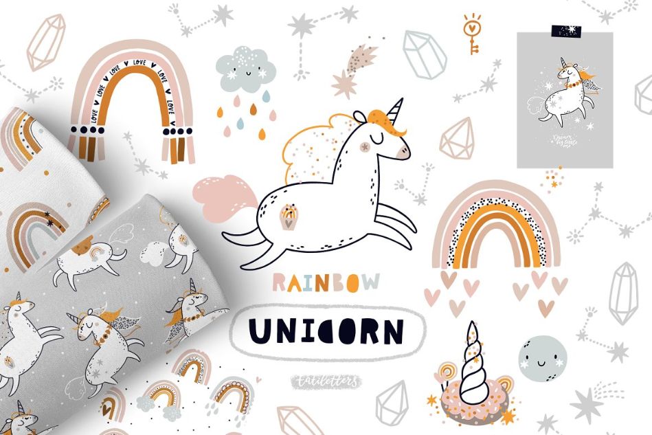 Rainbow unicorn illustration and pattern