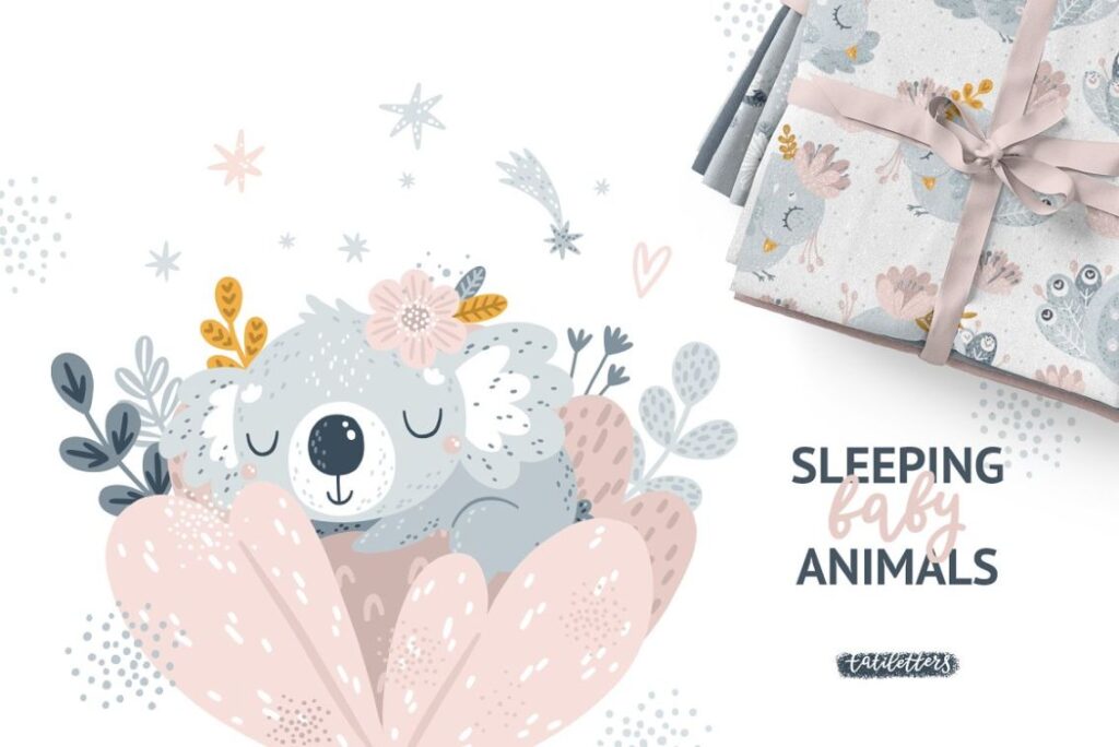 Sleepy baby animals illustration