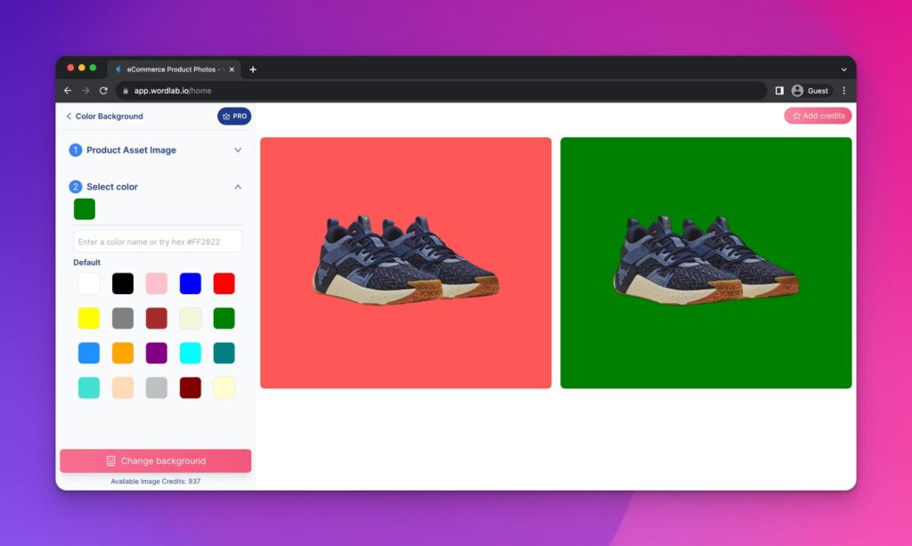 Background color feature of wordlab displaying a pair shoes with green and red backgrounds.