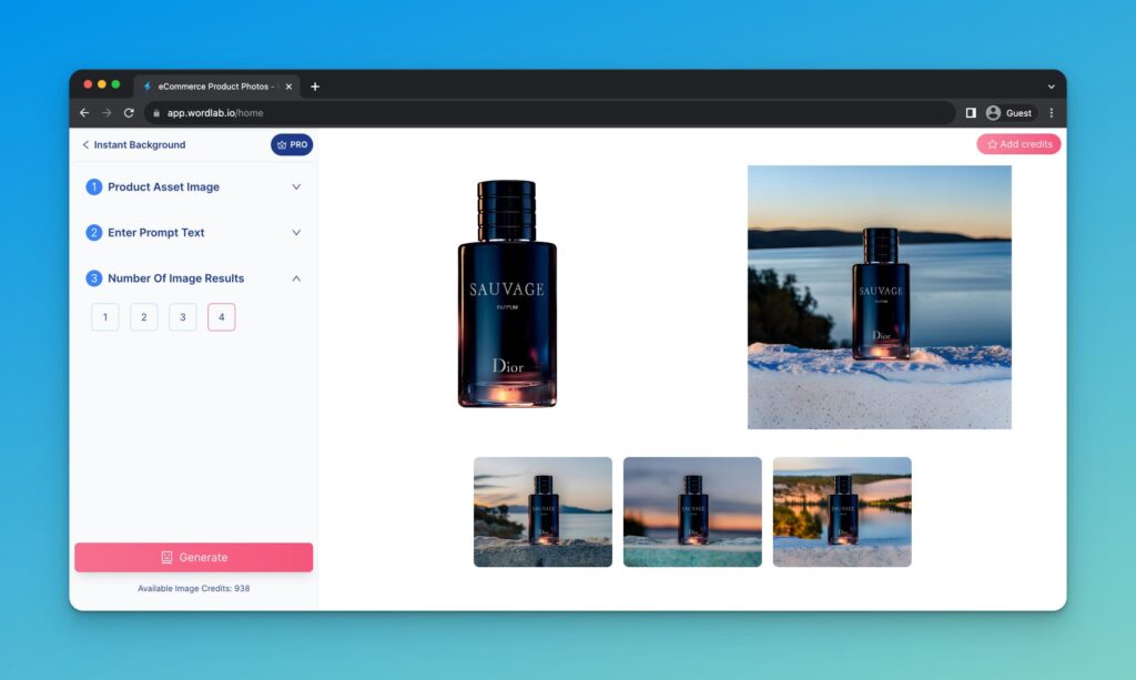 Instant background feature of wordlab displaying Dior perfume with different backgrounds