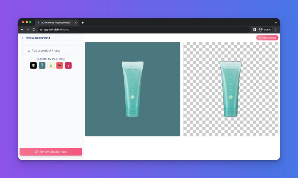 Background removal feature of Wordlab displaying a product with and without a background