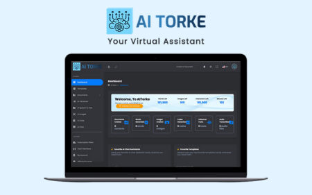 A black laptop mockup with AI Torke UI display