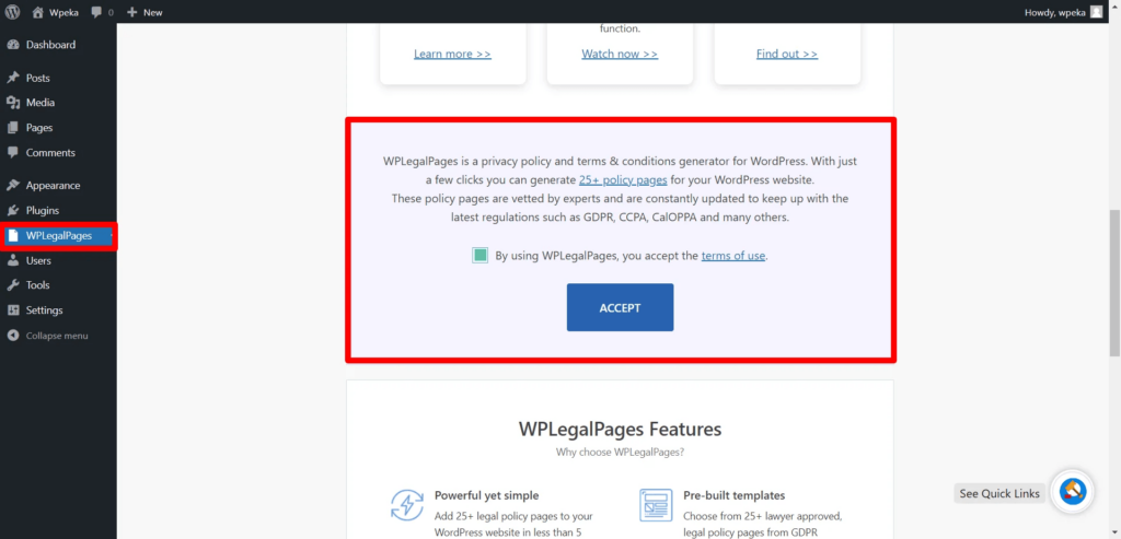 WPLegalPages plugin displaying terms and conditions