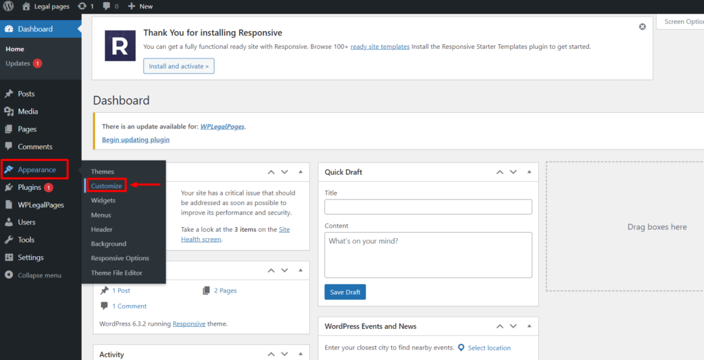 WordPress dashboard displaying appearance option