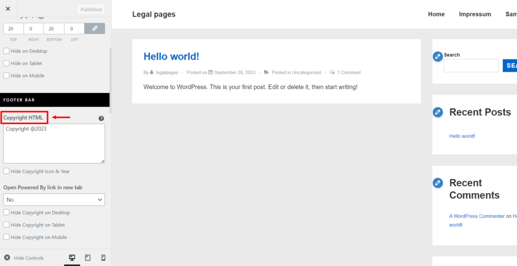 Add copywrite text to your website User Interface