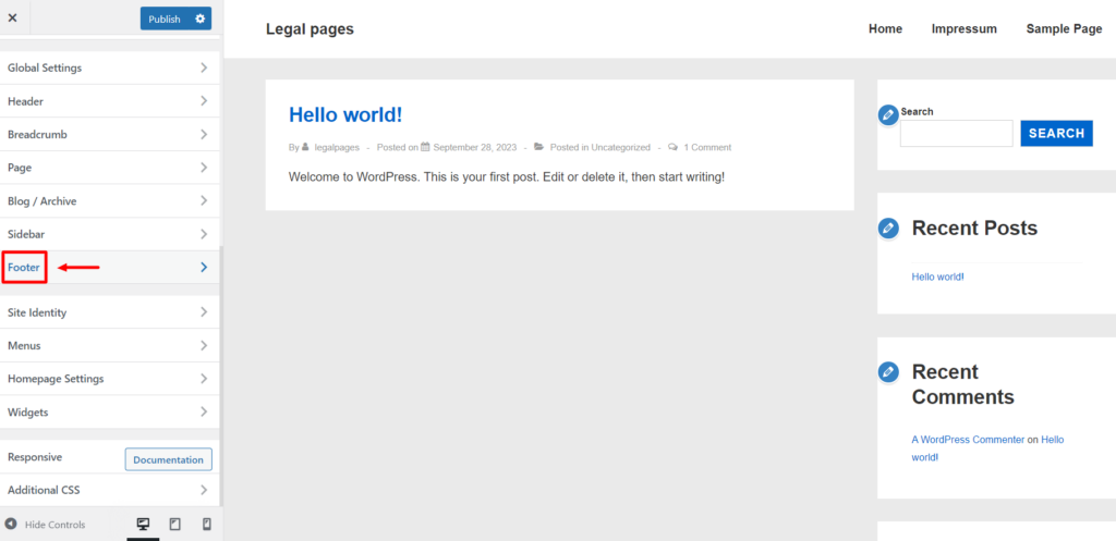 Footer option in the menu of wordpress