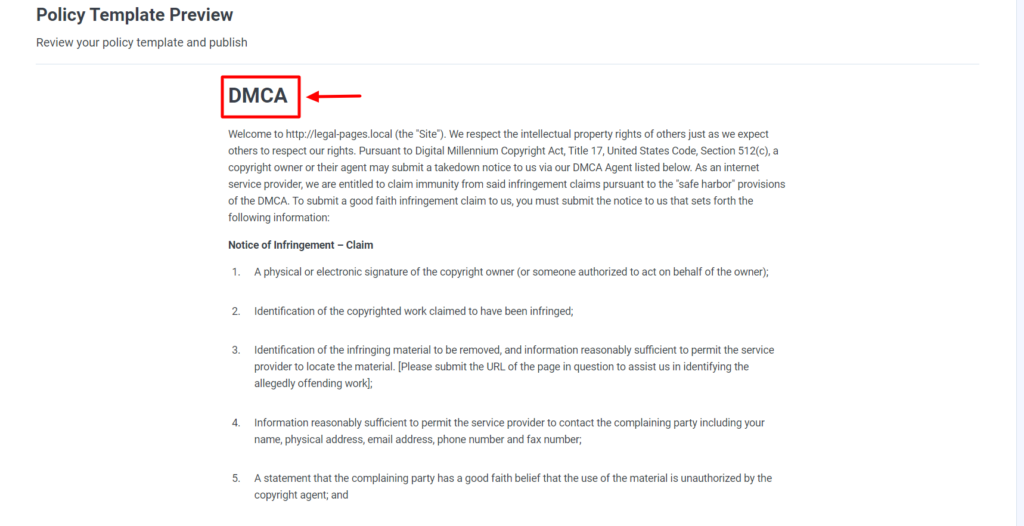 Policy template preview displaying DMCA