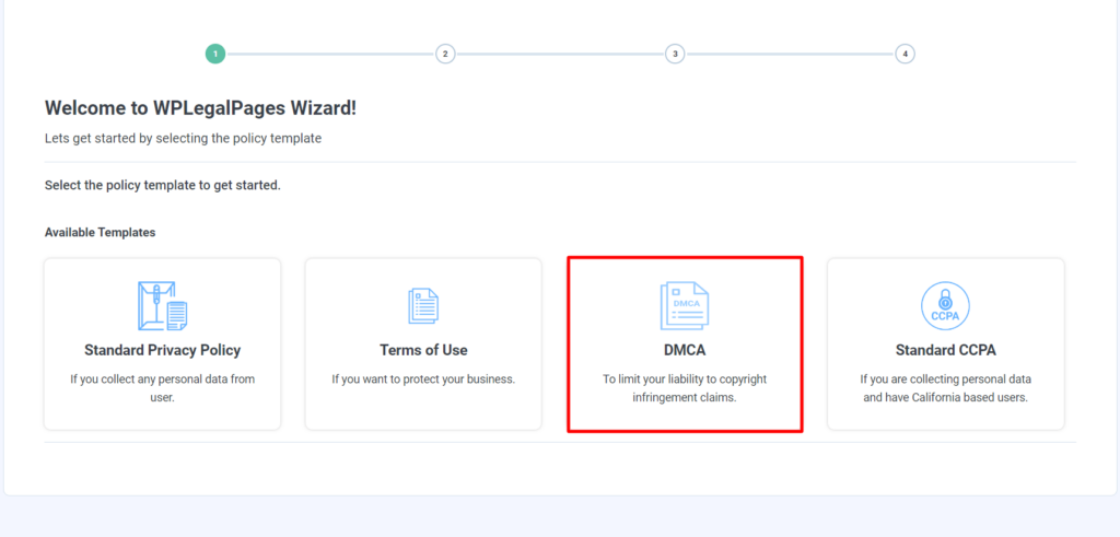 WPlegalPages wizard displaying Standard privacy policy, terms of use, DMCA, and standard CCPA