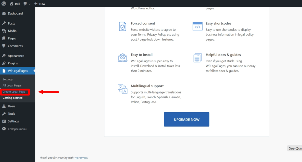 create legal page option in WPlegalpages