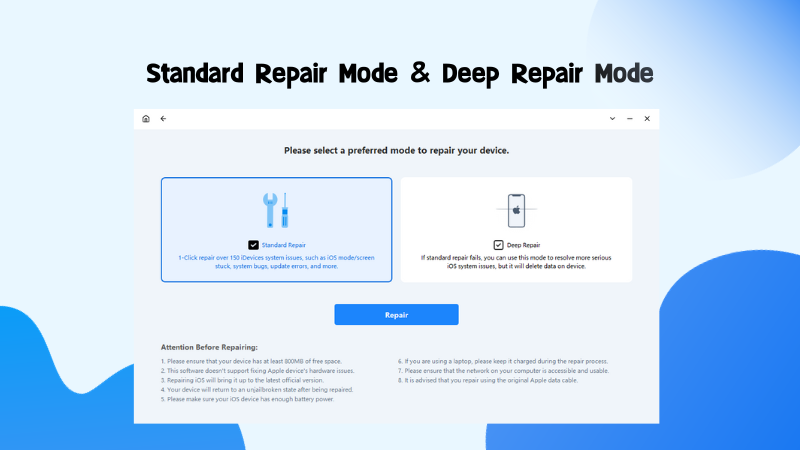 Fixmate - ios repair software user interface displaying standard repair mode & deep repair mode