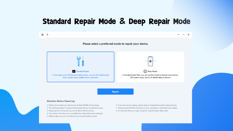 Fixmate user interface displaying standard repair mode & deep repair mode