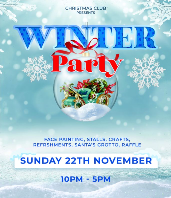 A snowy blue winter party invitation flyer