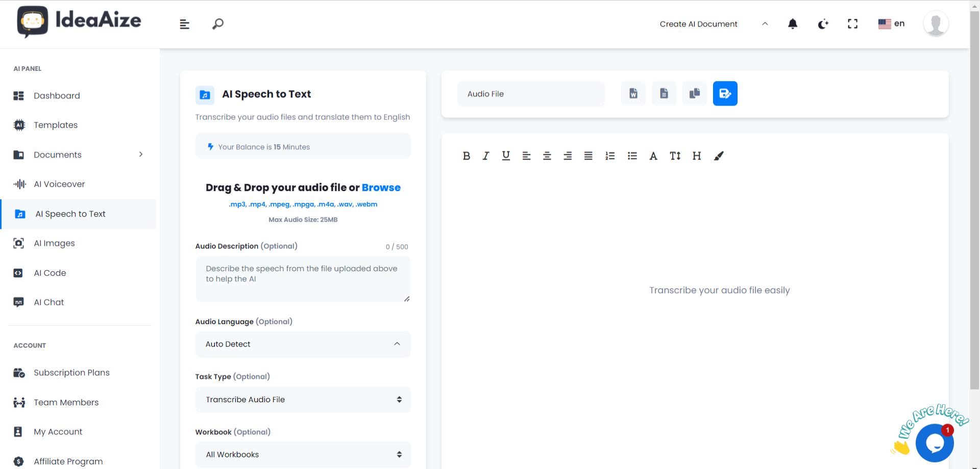 Ai speech to text feature of ideaAize