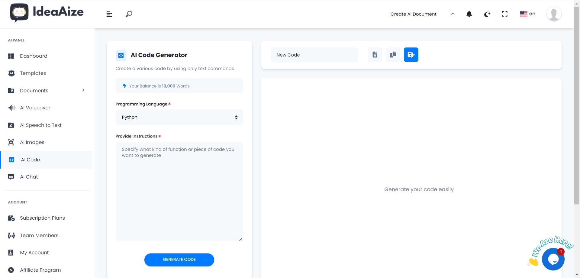 AI code generator feature IdeaAize