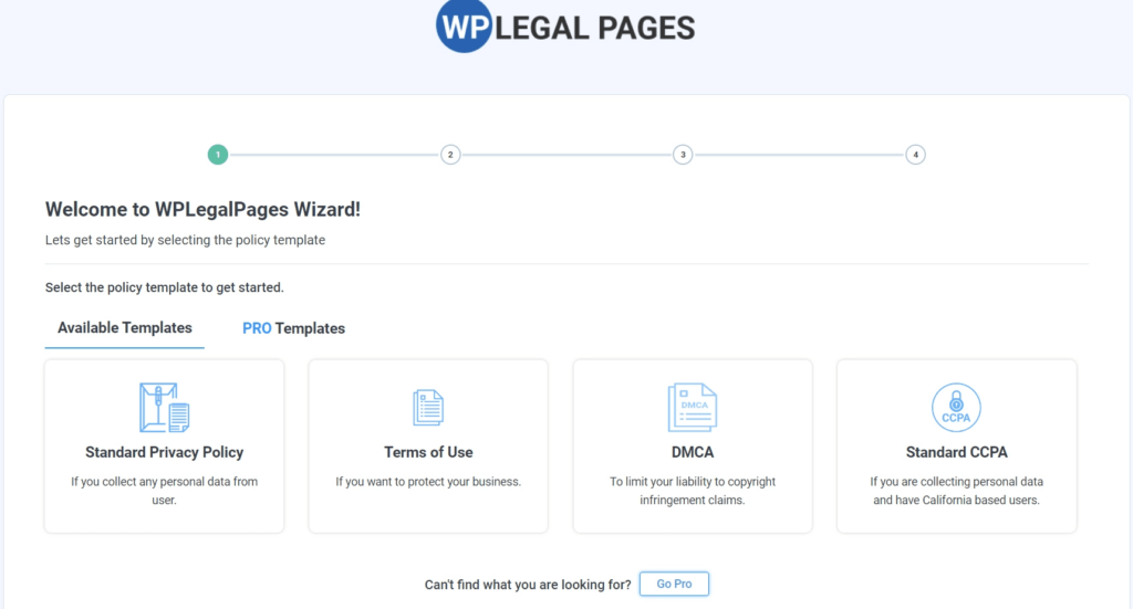 WPLegalPages wizard interface