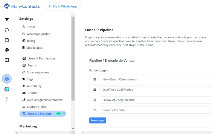 Funnel/Pipeline, whatsapp customer service tool