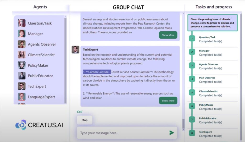 Autnomous Multi AI Agents user interface displaying a group chat of multiple Ai agents