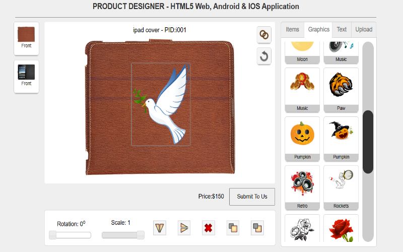 Graphic feature user interface of Online Design tool -product Customization Software