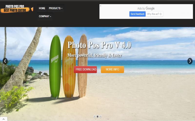 Photo Pos Pro feature image displaying free download button and a beach scenery