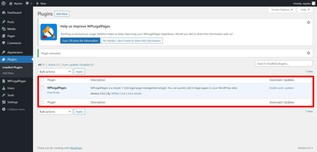 WpLegalpages Plugin visible on dashboard