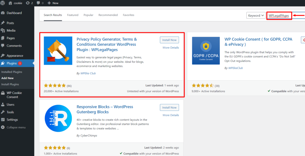 Plugin search in wordpress Displaying Wplegalpages plugin