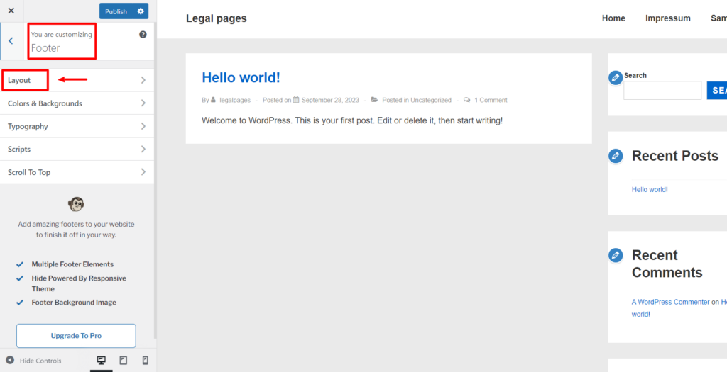 Layout option under Footer in wordpress