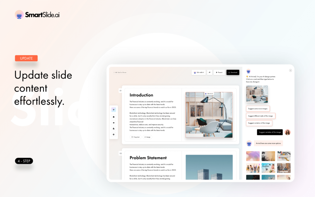 SmartSlide AI user interface displaying slides containing introduction and problem statement