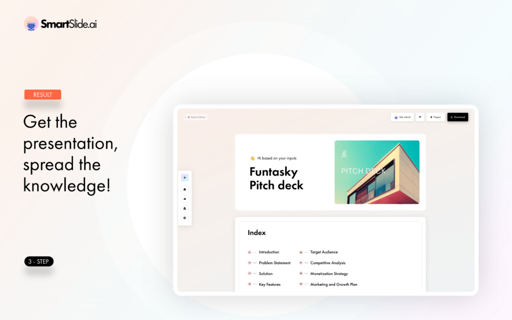 SmartSlide AI user interface displaying final results of a presentation created