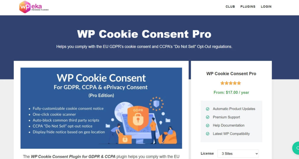 WP Cookie Consent feature image displaying its price and plan features