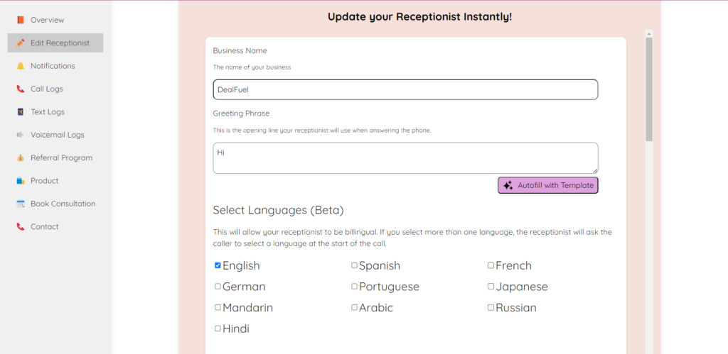 This image displays the instant AI receptionist setup preview of My AI Frot Desk