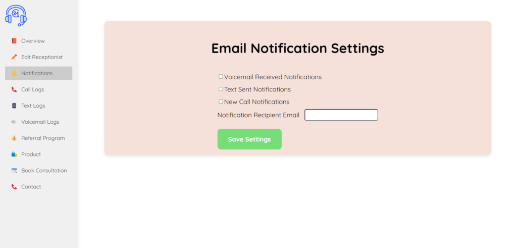 This image displays the email notification settings preview of My AI Front Desk.