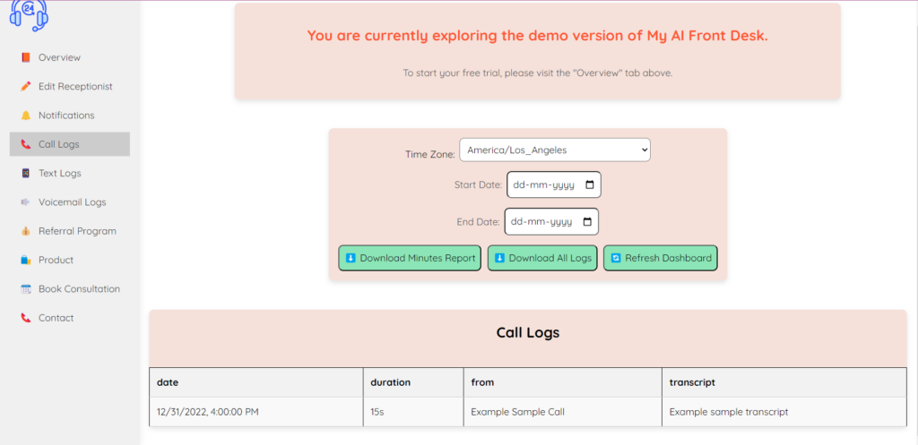This image displays the call and text logs preview of My AI Front Desk