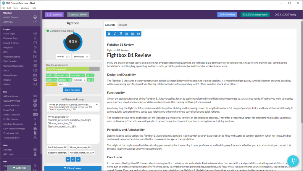 Article creator feature preview of SEO content machine