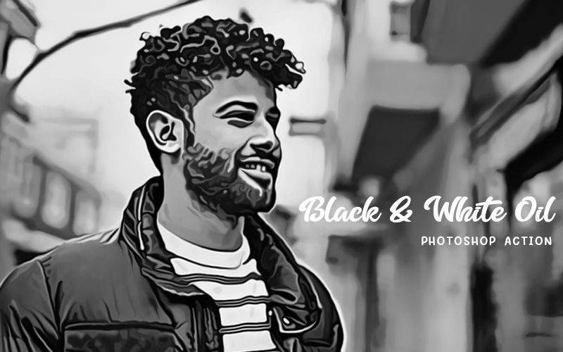 Black and white oil photoshop action applied to an image of man