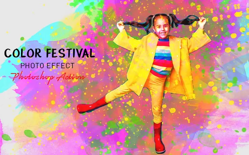 Color Festival photoshop action applied to an image of a kid holding her hair