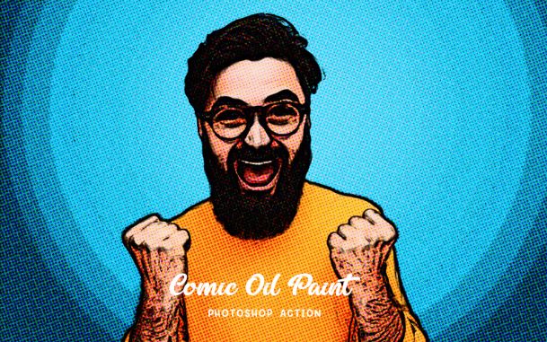 Comic oil paint photoshop action applied to an image of a man screaming in happiness