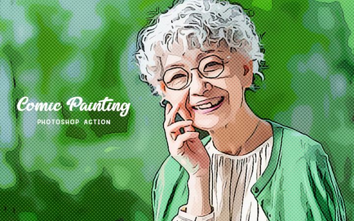 Comic paintings photoshop action applied to an image of a grandma smiling