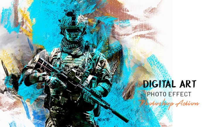 Digital art photoshop action applied to an image of a soldier