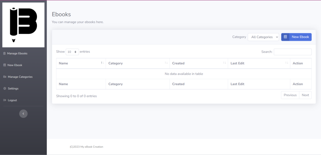 This image is displaying My AI eBook Creation Pro - best ai ebook generator Dashboard
