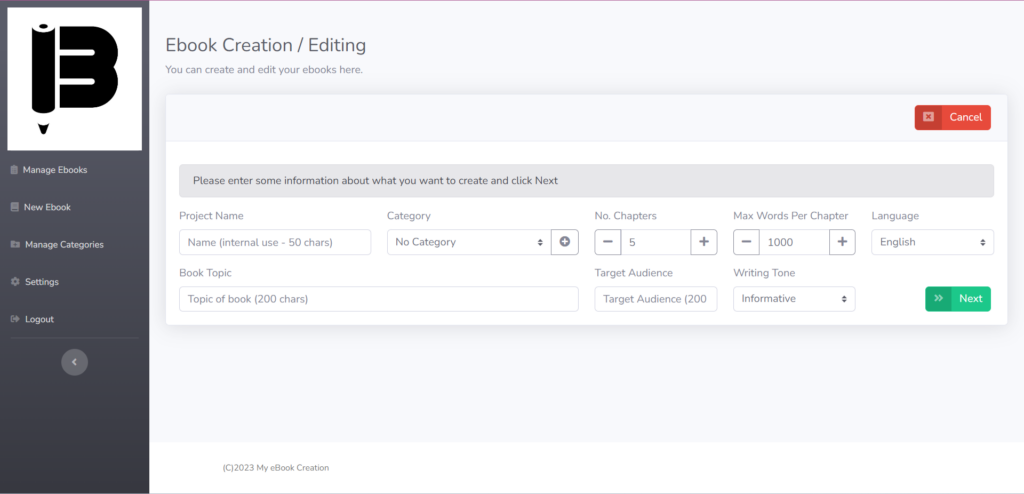 This image is displaying the manage categories interface of My AI eBook Creation Pro - Create eBook with AI