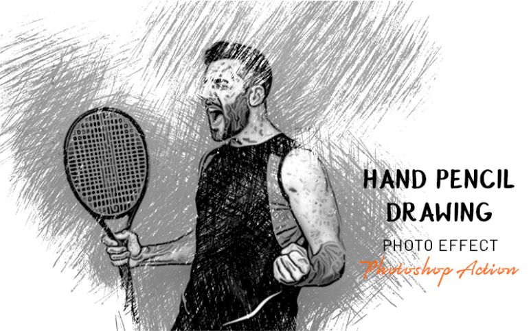 Hand pencil drawing photoshop effect applied to an image of man screaming holding a tennis racket