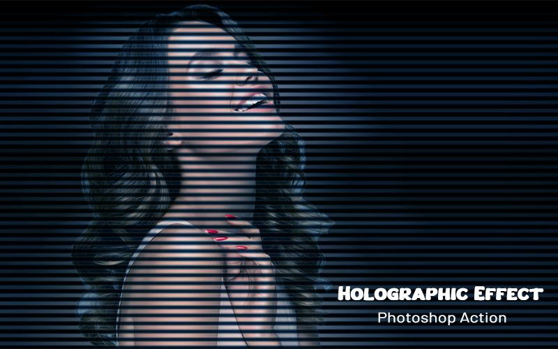 Holographic effect photoshop action applied to an image of a laughing woman