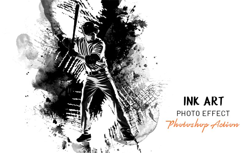 Ink art photoshop action applied to an image of a baseball player