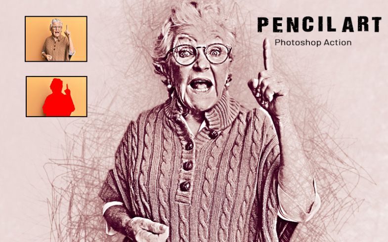 Pencil art photoshop action applied to an image of an old woman
