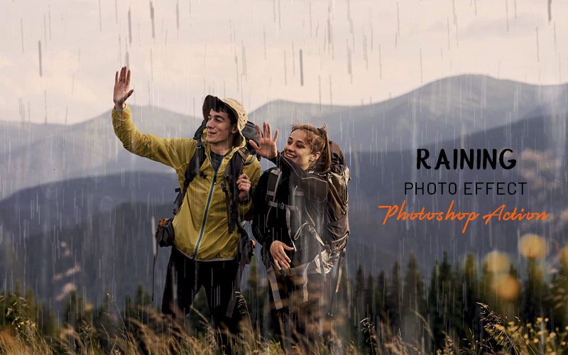 Raining photoshop action applied to an image of a family trekking in the mountains