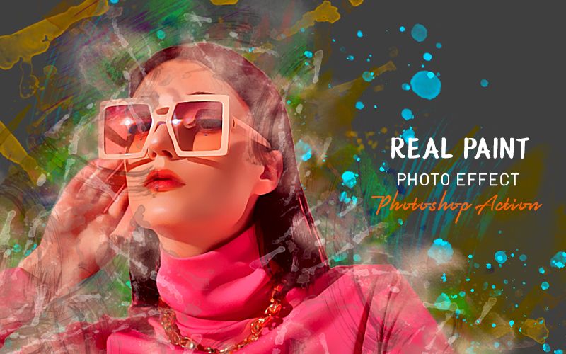 Real paint photoshop action applied to an image of a woman wearing sunglasses