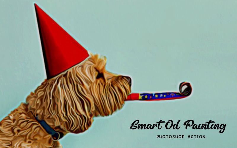 Smart oil painting photoshop action applied to an image of a dog wearing a birthday hat