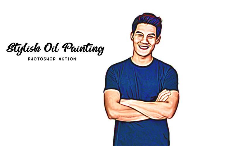 Stylish oil painting photoshop action applied to an image of a man smiling with his hands folded