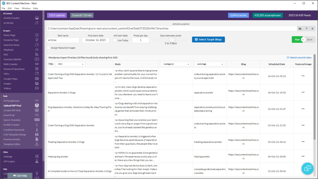 Automated WordPress posting feature preview of SEO content machine