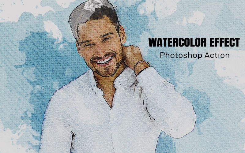 Watercolor effect photoshop action applied to an image of a man